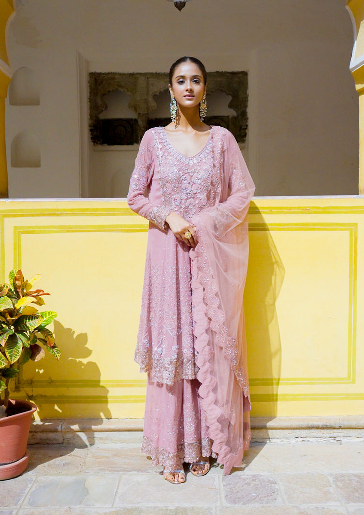 Twamev Women Ornate Pink Georgette Stitched Suit