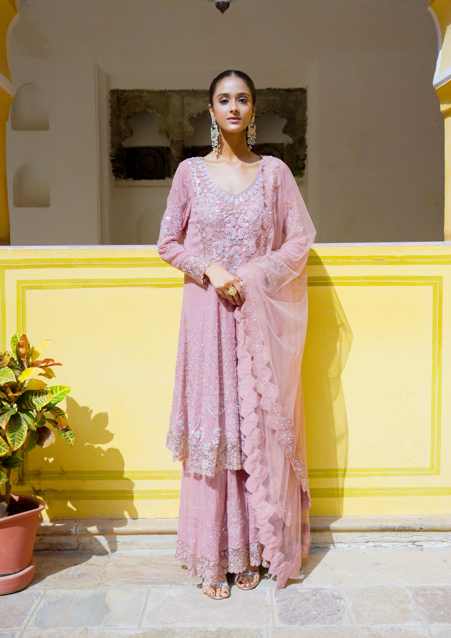 Twamev Women Ornate Pink Georgette Stitched Suit