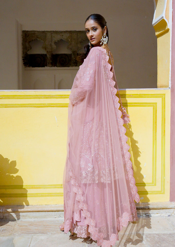 Twamev Women Ornate Pink Georgette Stitched Suit