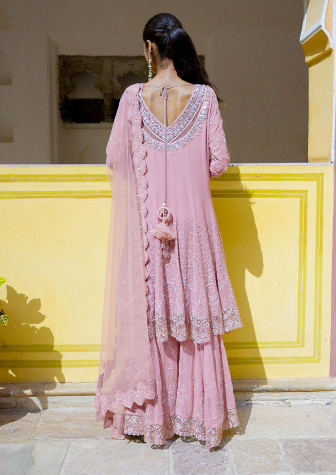 Twamev Women Ornate Pink Georgette Stitched Suit