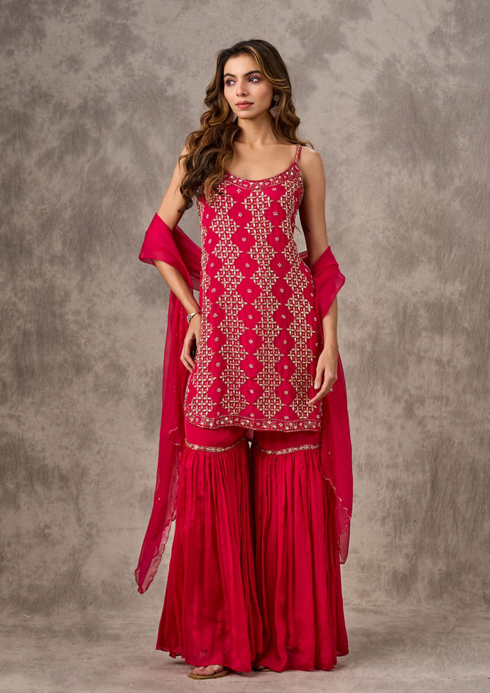 Twamev Women Pink Elegance Chinon Stitched Suit