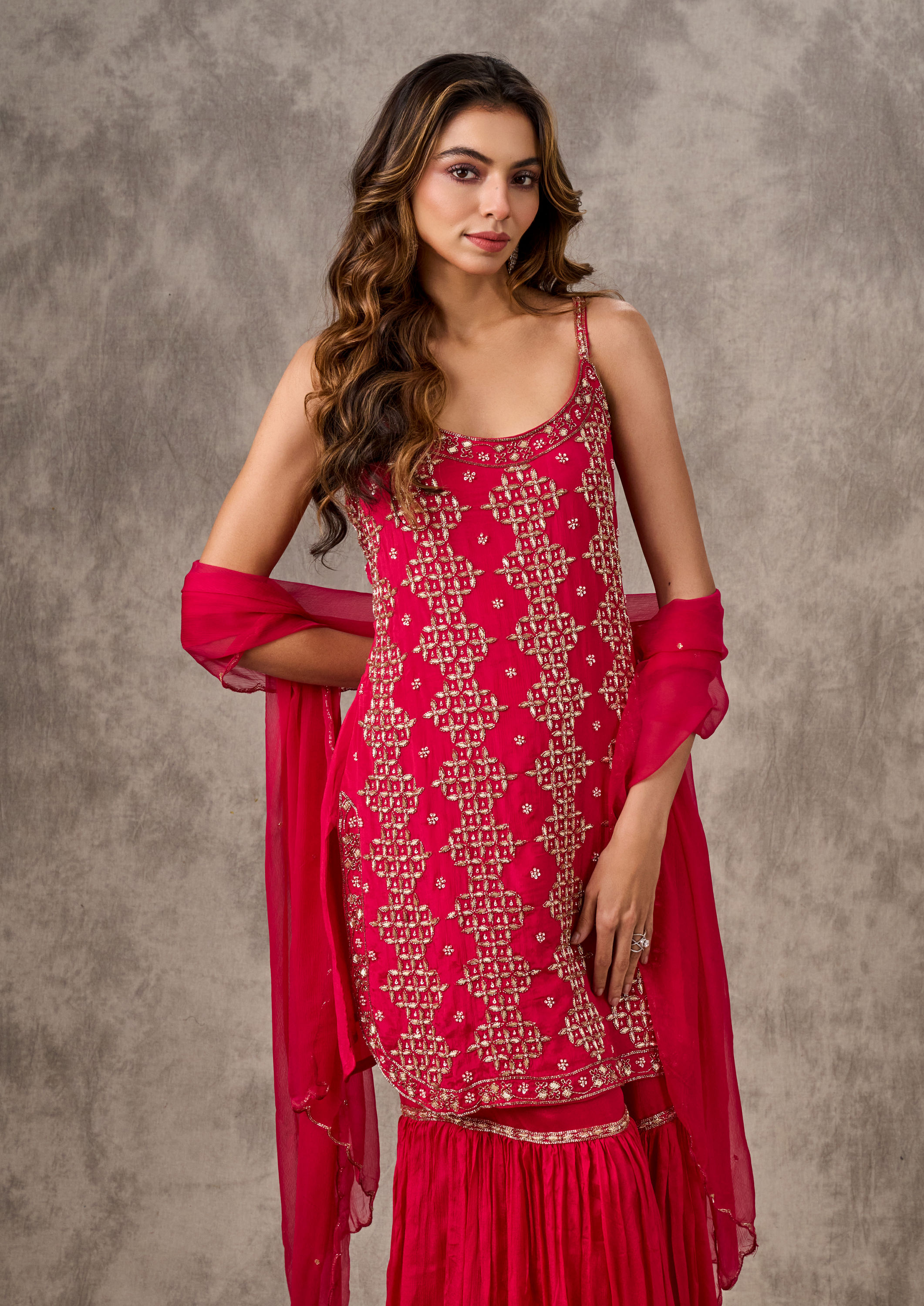 Twamev Women Pink Elegance Chinon Stitched Suit