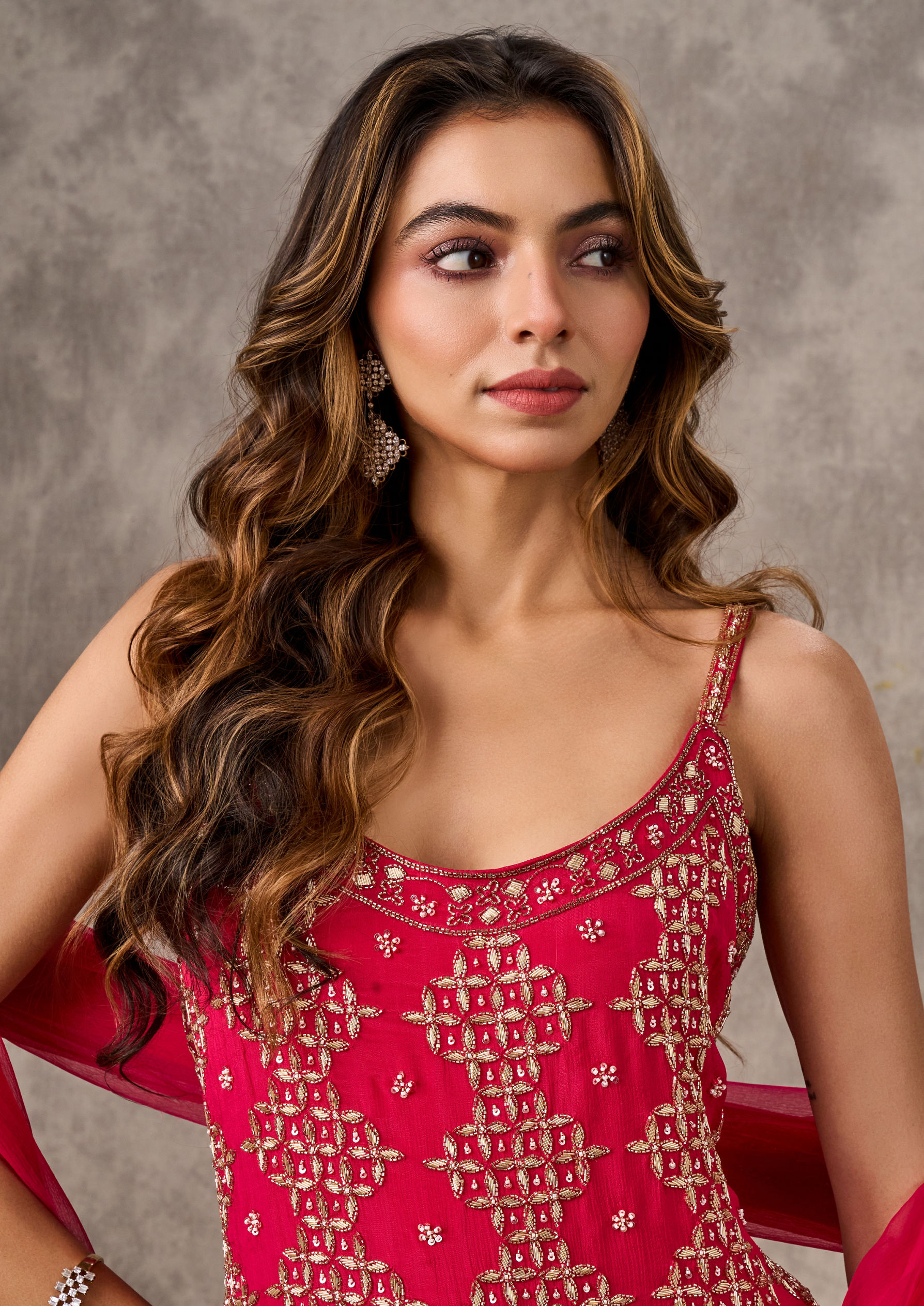Twamev Women Pink Elegance Chinon Stitched Suit