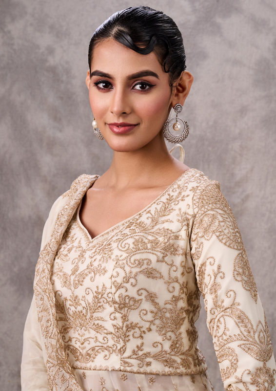 Twamev Women Enthralling Cream Stitched Suit Georgette