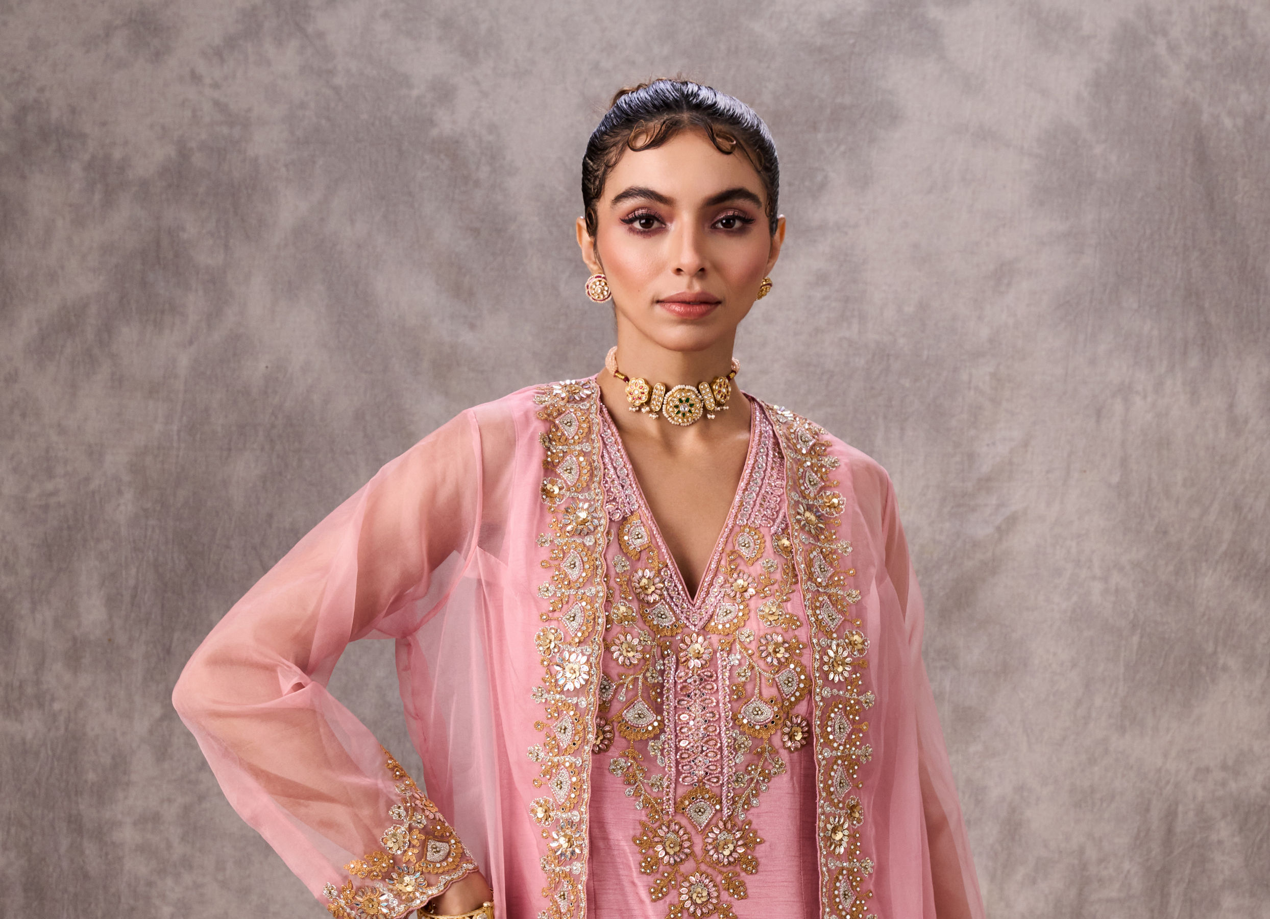 Twamev Women Dusty Pink Artistry Stitched Suit