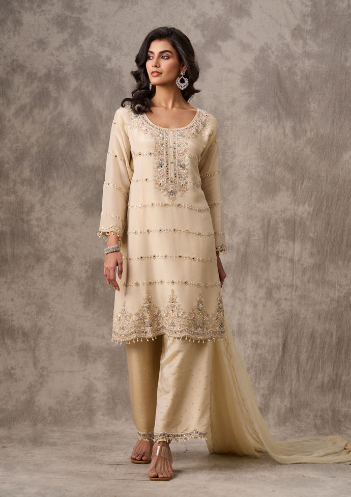 Twamev Women Cream Viscose Aari Bead and Mirror Work Palazzo Suit