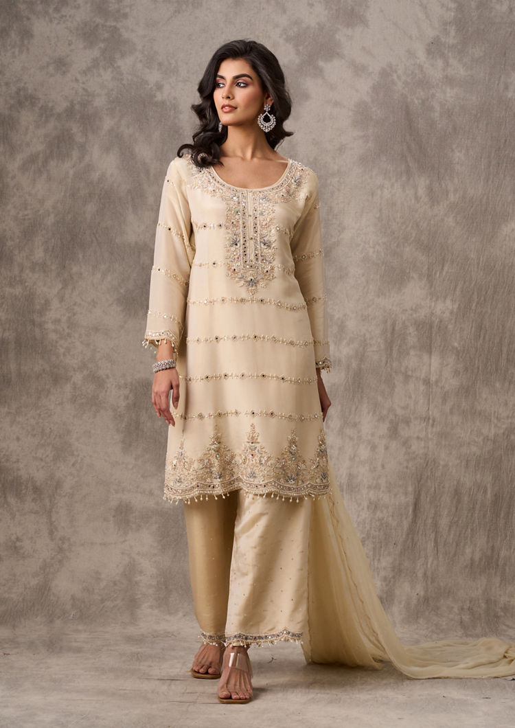 Twamev Women Regal Cream Elegance Stitched Suit