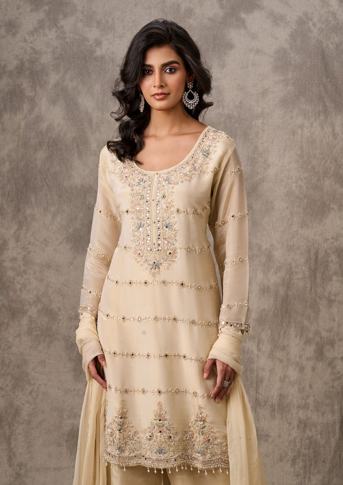 Twamev Women Cream Viscose Aari Bead and Mirror Work Palazzo Suit