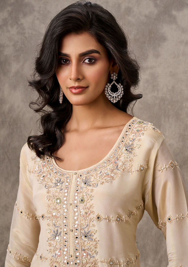 Twamev Women Regal Cream Elegance Stitched Suit