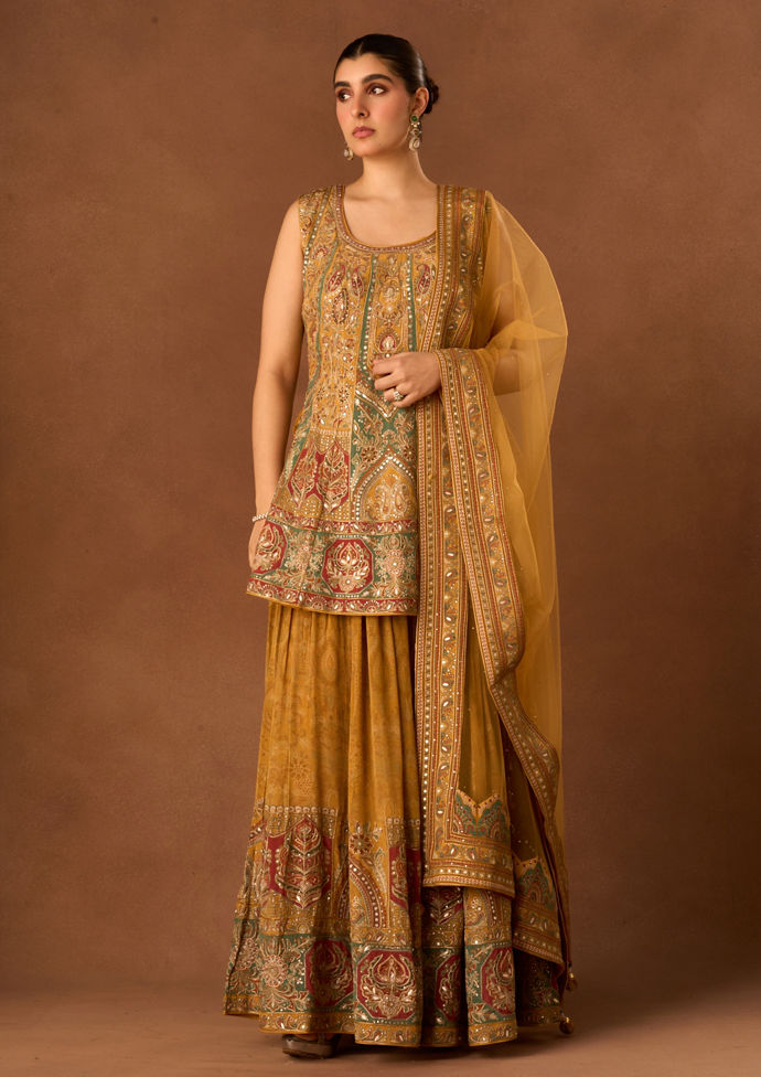 Twamev Women Mustard Yellow Art Silk Stitched Suit with Embroidery