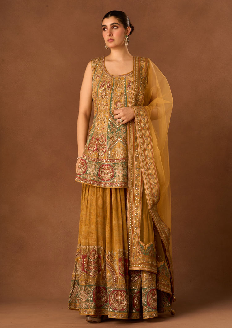 Twamev Women Mustard Yellow Art Silk Stitched Suit with Embroidery