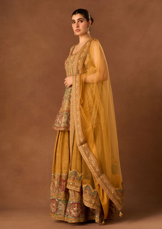 Twamev Women Mustard Yellow Art Silk Stitched Suit with Embroidery
