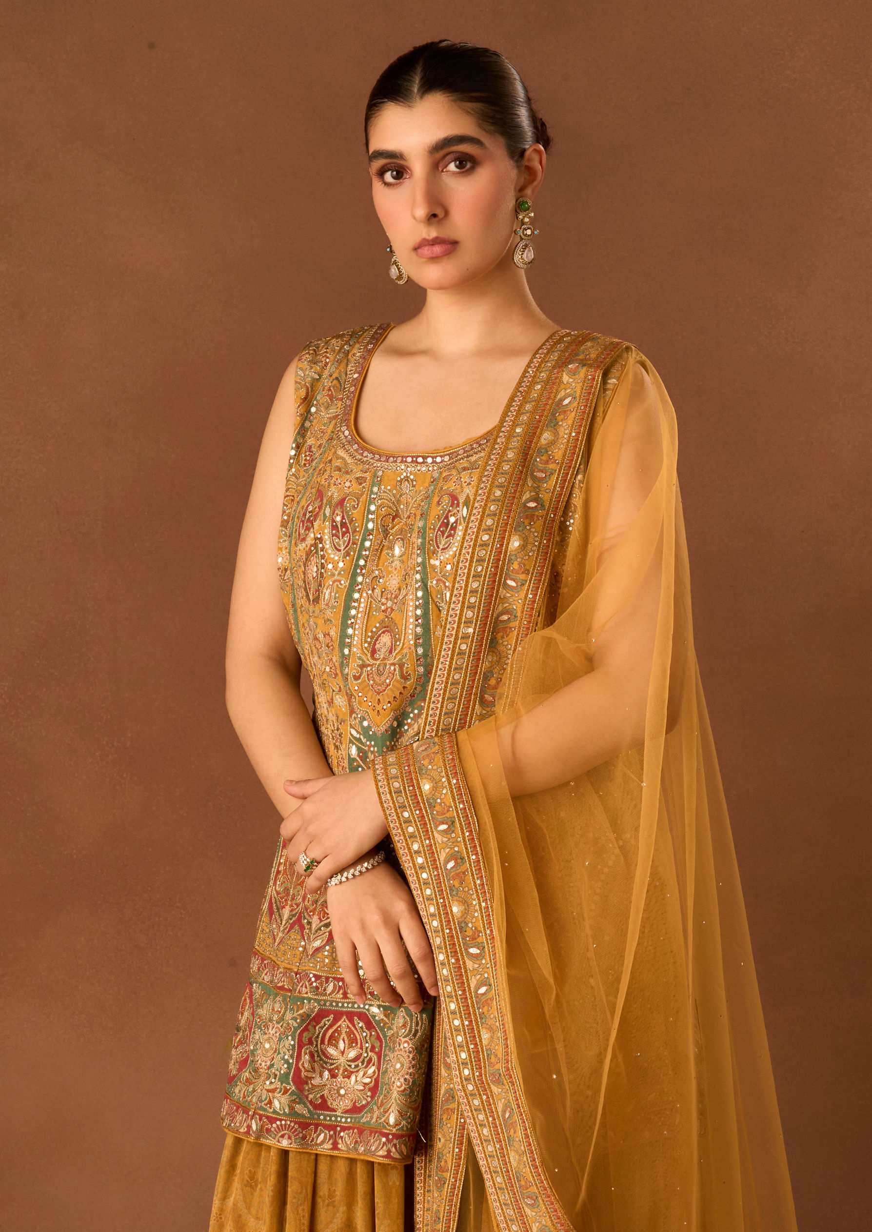 Twamev Women Mustard Yellow Art Silk Stitched Suit with Embroidery