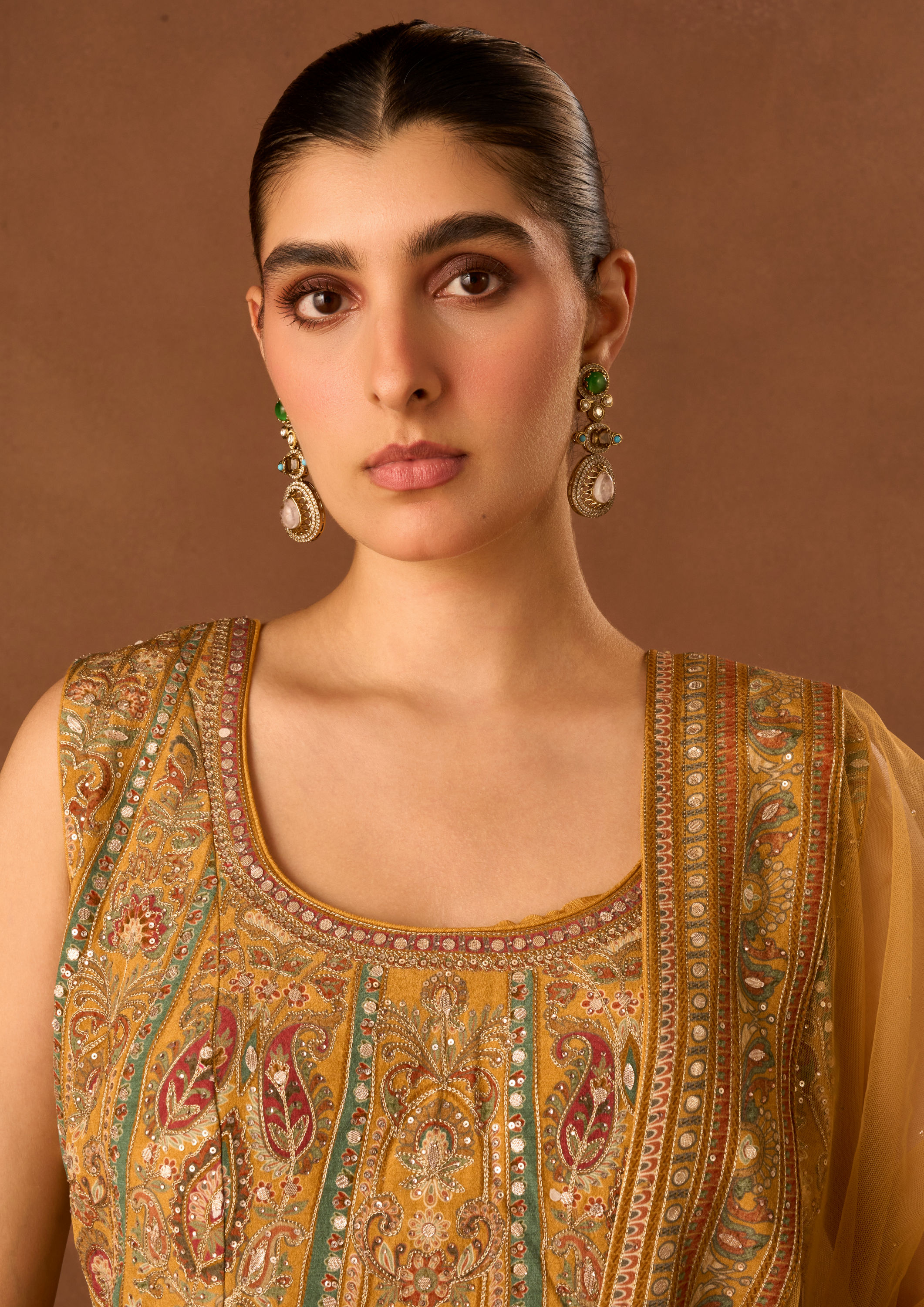Twamev Women Mustard Yellow Art Silk Stitched Suit with Embroidery