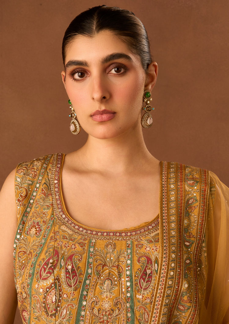 Twamev Women Mustard Yellow Art Silk Stitched Suit with Embroidery
