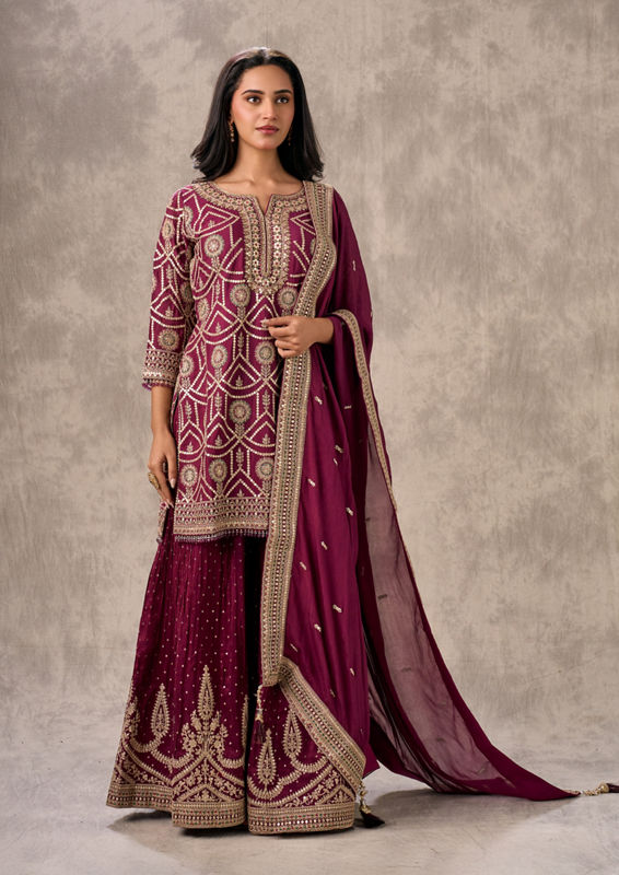 Twamev Women Elegant Wine Chinon Stitched Suit