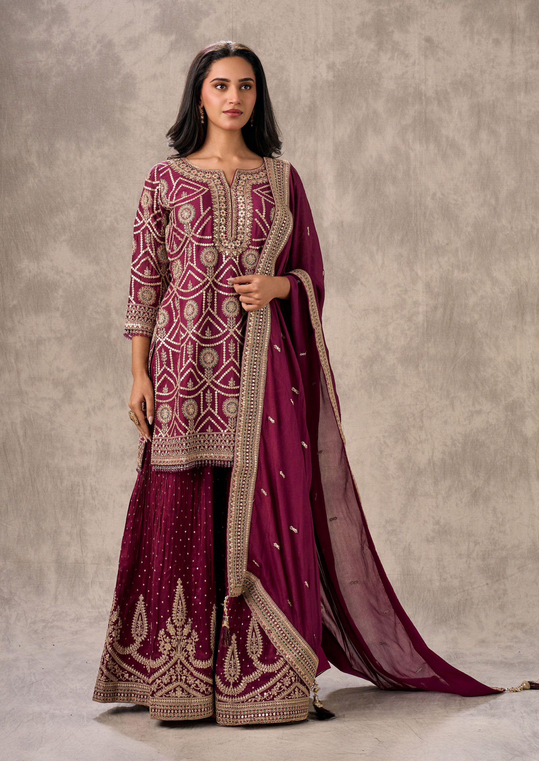 Twamev Women Elegant Wine Chinon Stitched Suit