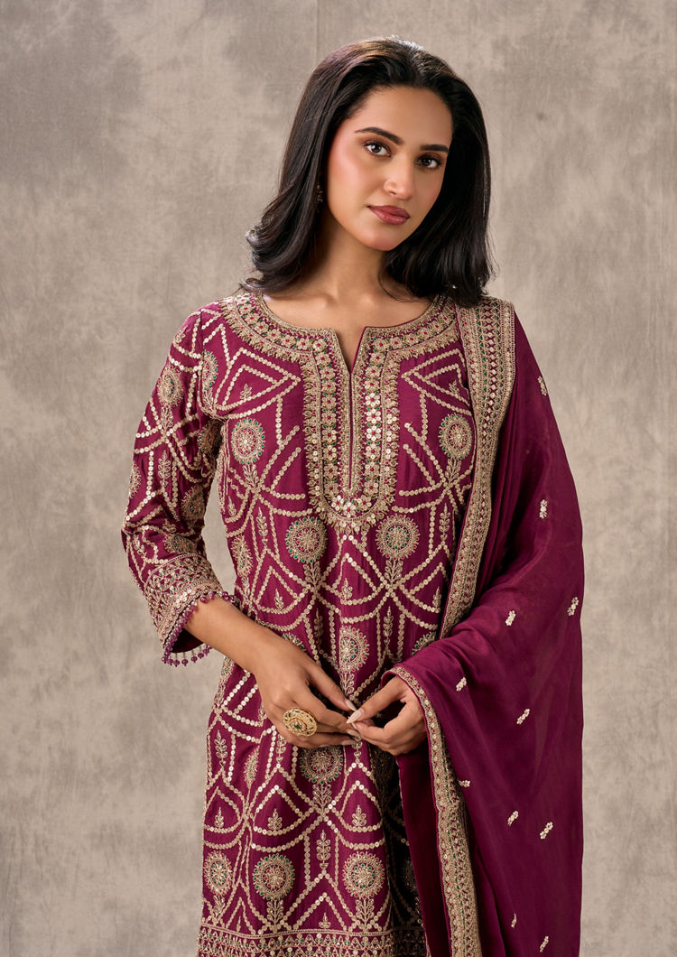 Twamev Women Elegant Wine Chinon Stitched Suit