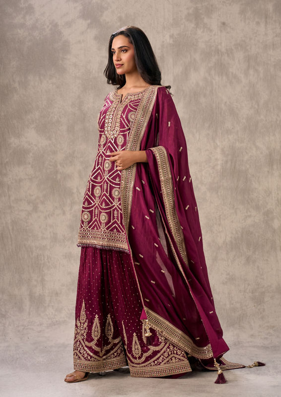 Twamev Women Elegant Wine Chinon Stitched Suit