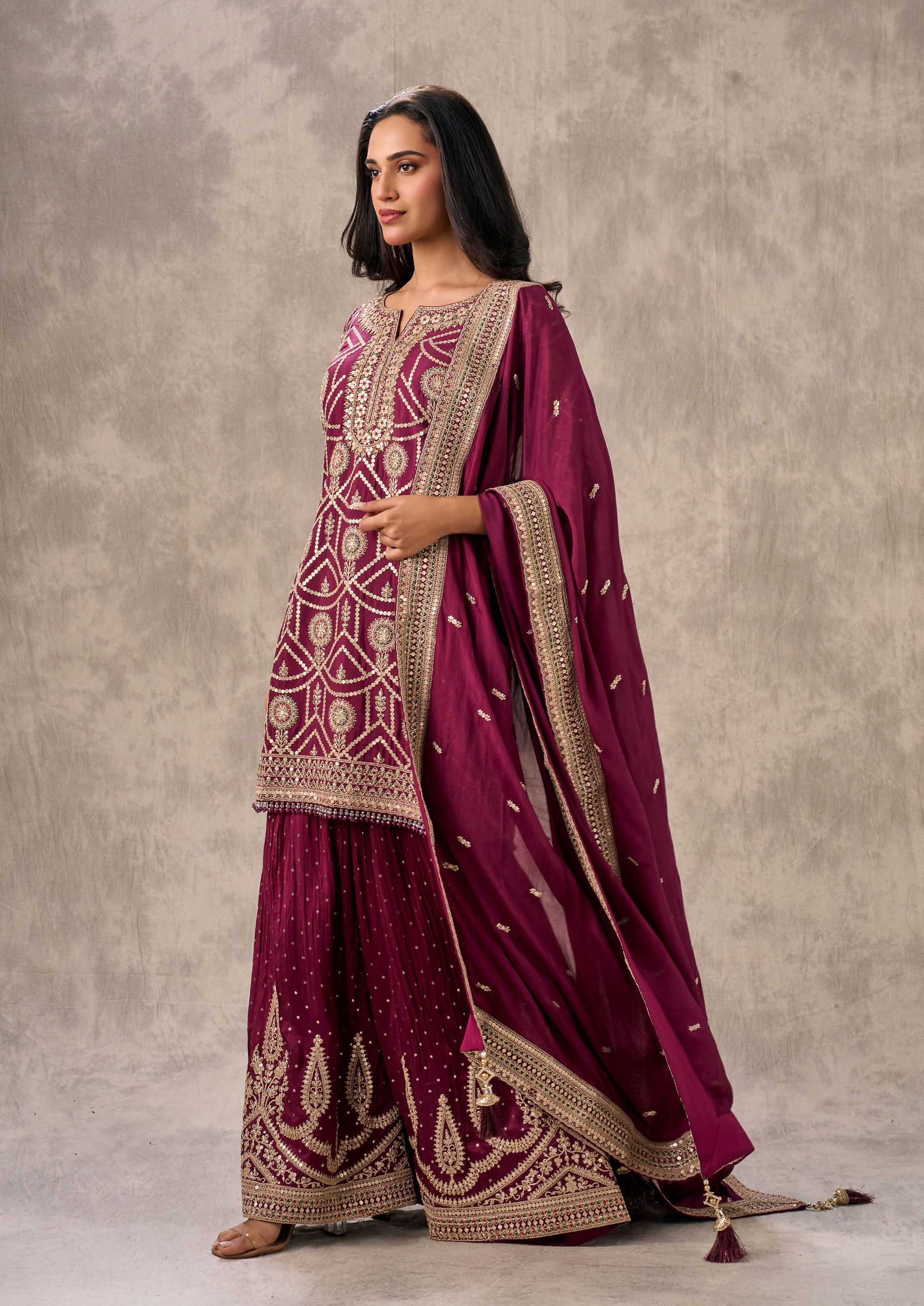Twamev Women Elegant Wine Chinon Stitched Suit