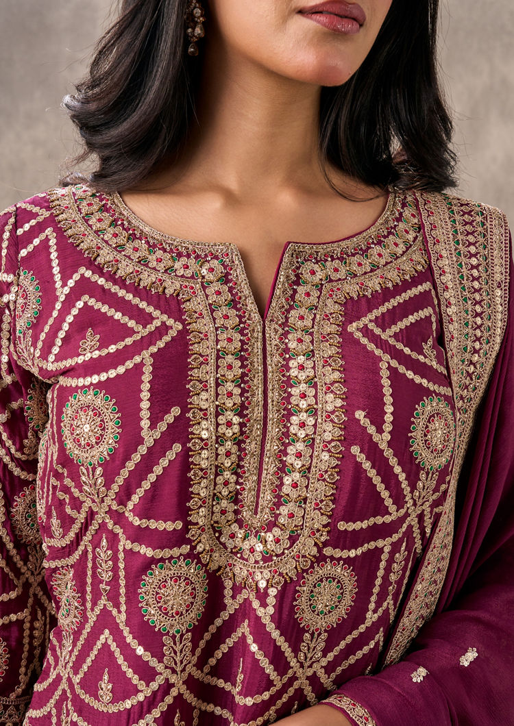 Twamev Women Elegant Wine Chinon Stitched Suit