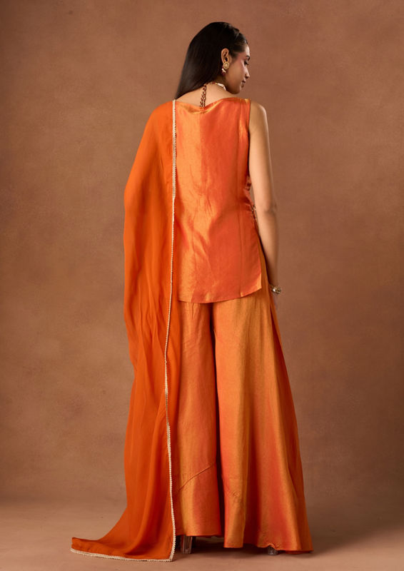 Twamev Women Orange Tissue Stitched Suit with Embroidery