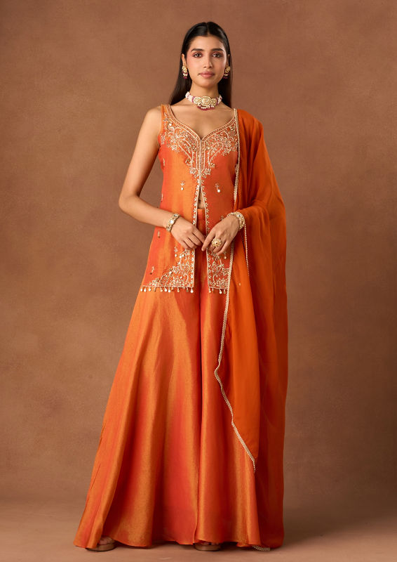 Twamev Women Orange Tissue Stitched Suit with Embroidery
