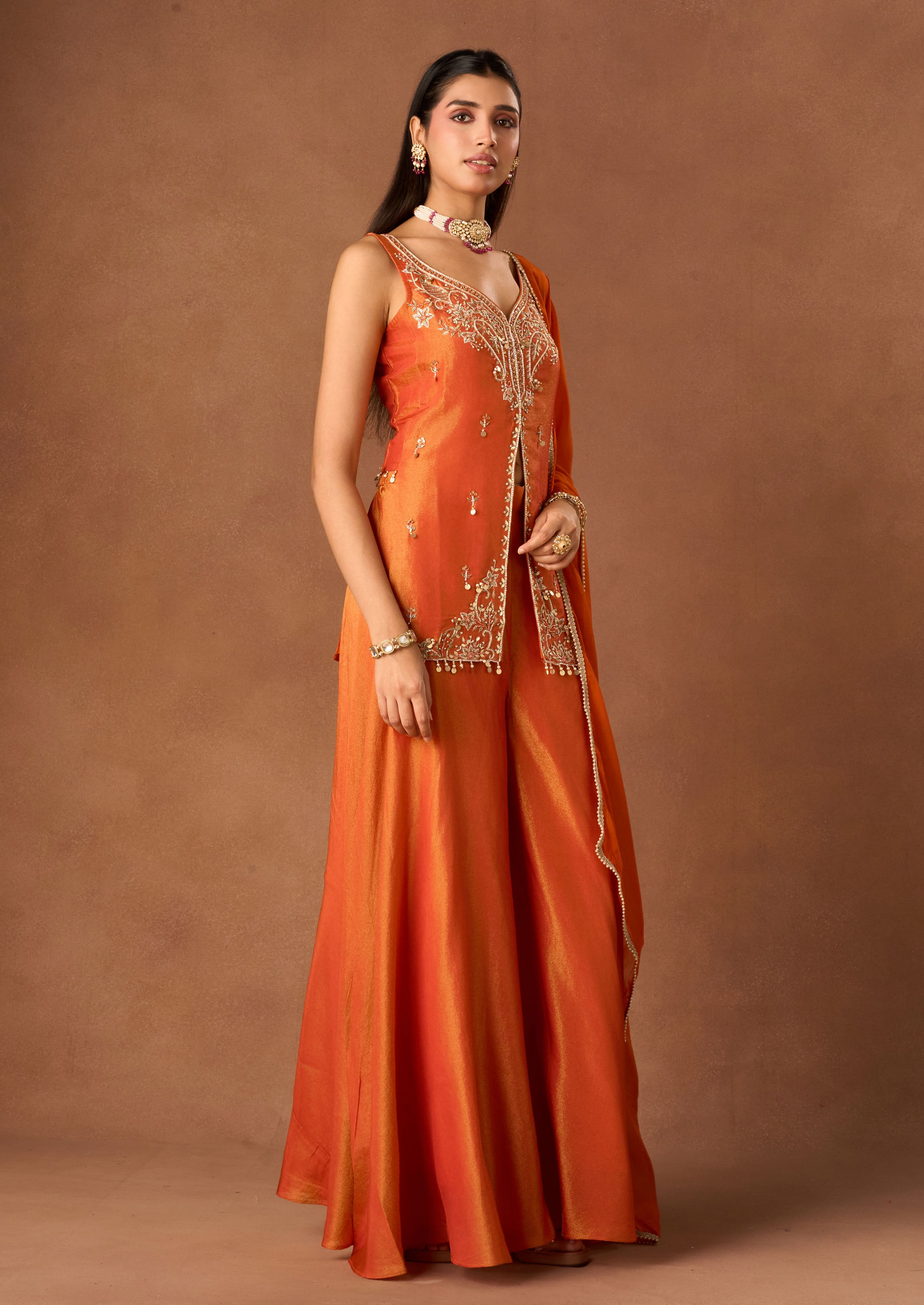 Twamev Women Orange Tissue Stitched Suit with Embroidery