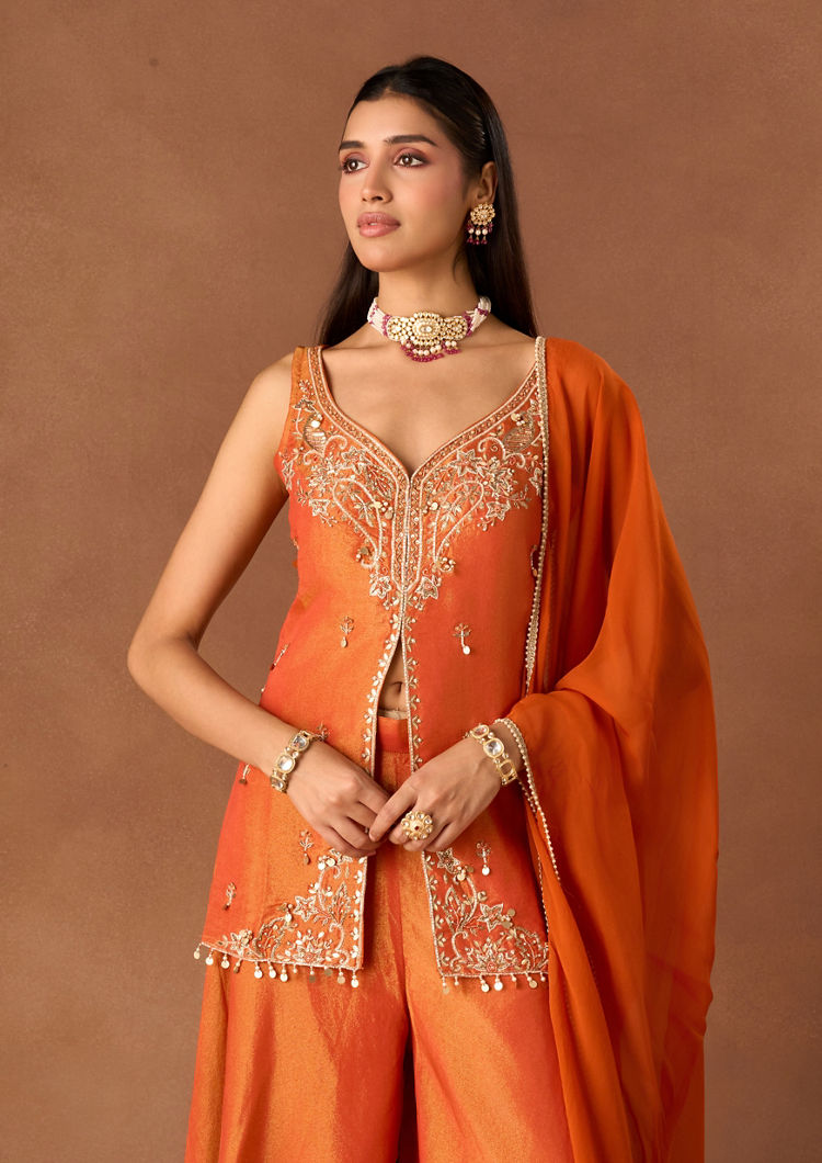 Twamev Women Orange Tissue Stitched Suit with Embroidery