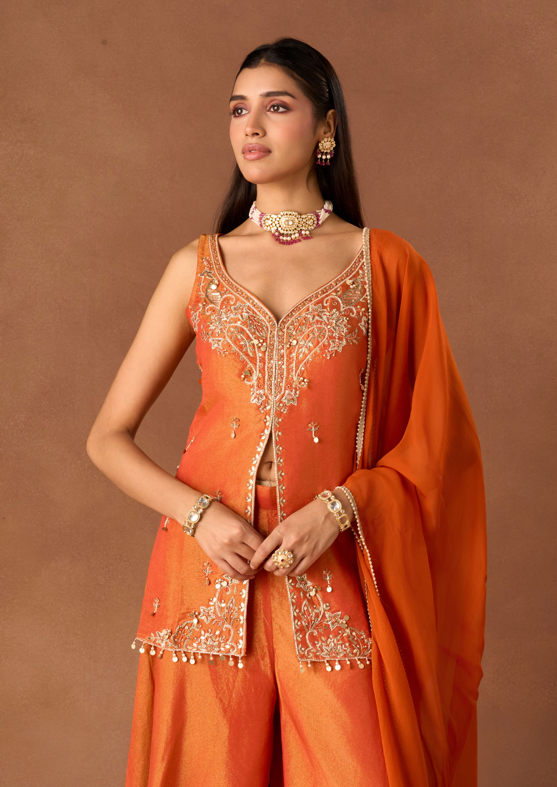 Twamev Women Orange Tissue Stitched Suit with Embroidery