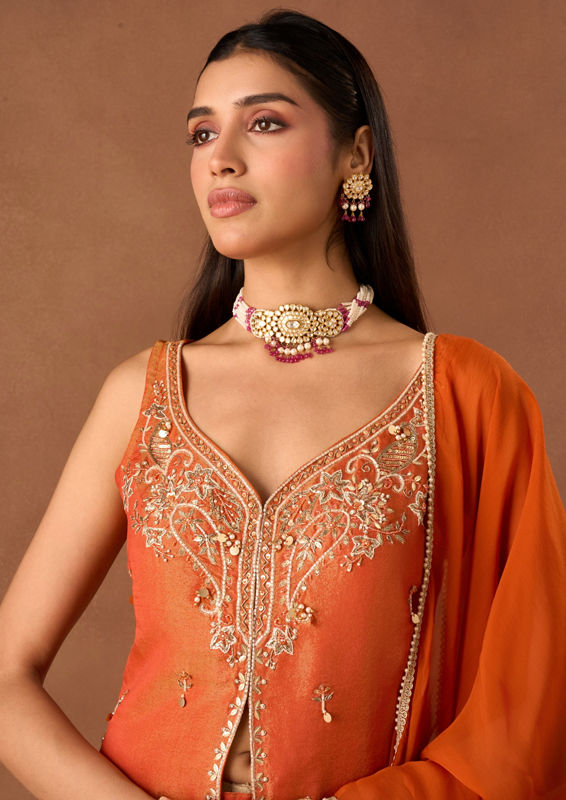 Twamev Women Orange Tissue Stitched Suit with Embroidery