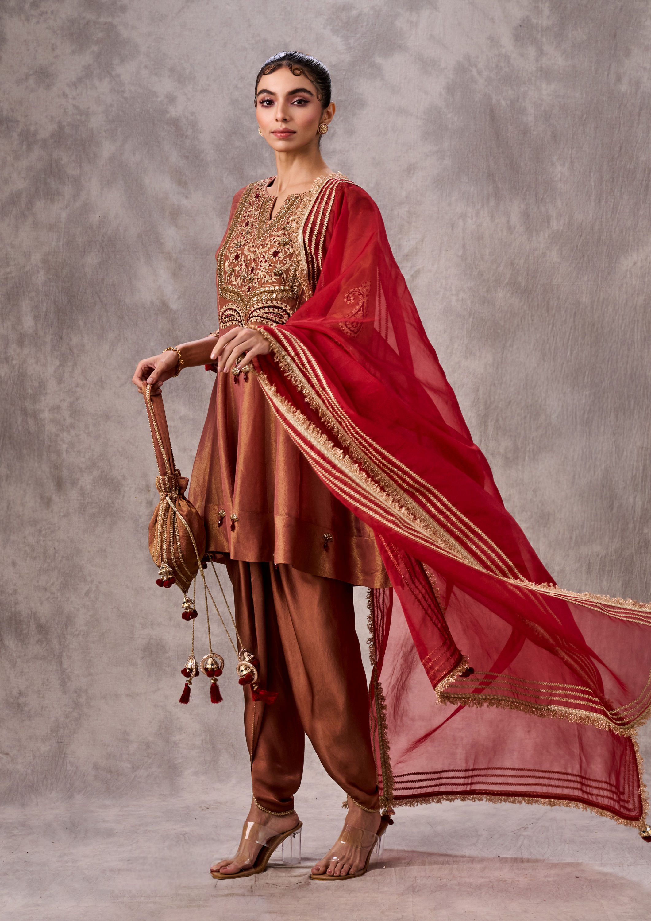 Twamev Women Peach Elegance Tissue Stitched Suit