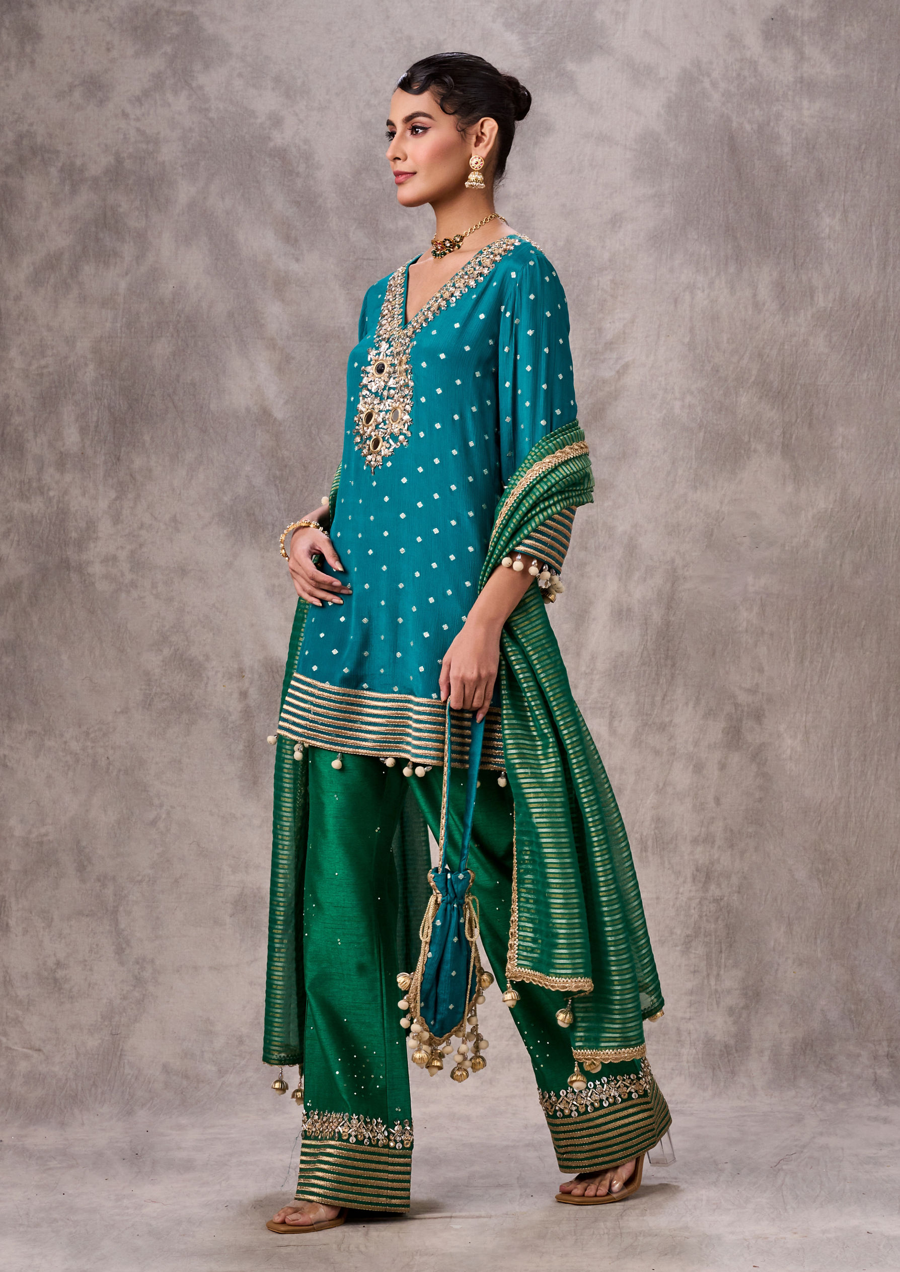Twamev Women Rama Green Chinon Stitched Suit