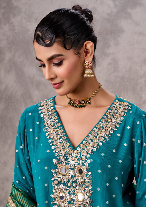 Twamev Women Rama Green Chinon Stitched Suit