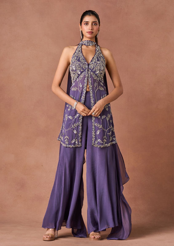 Twamev Women Purple Chiffon Stitched Suit
