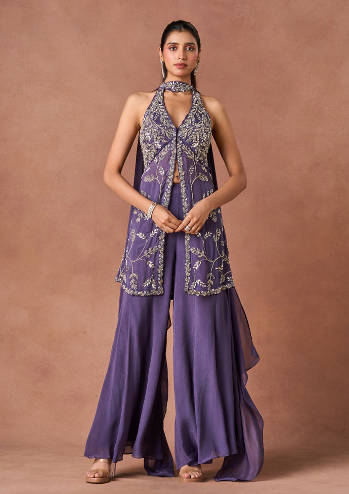 Twamev Women Purple Chiffon Stitched Suit