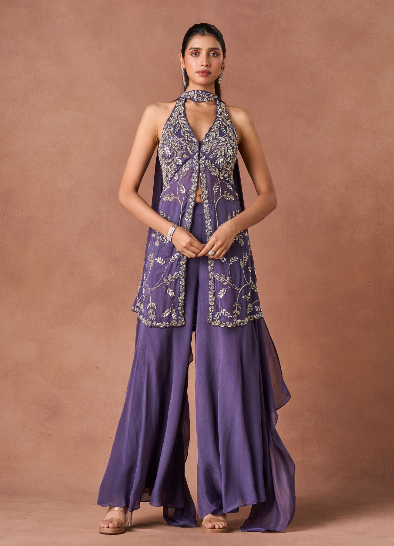Twamev Women Purple Chiffon Stitched Suit