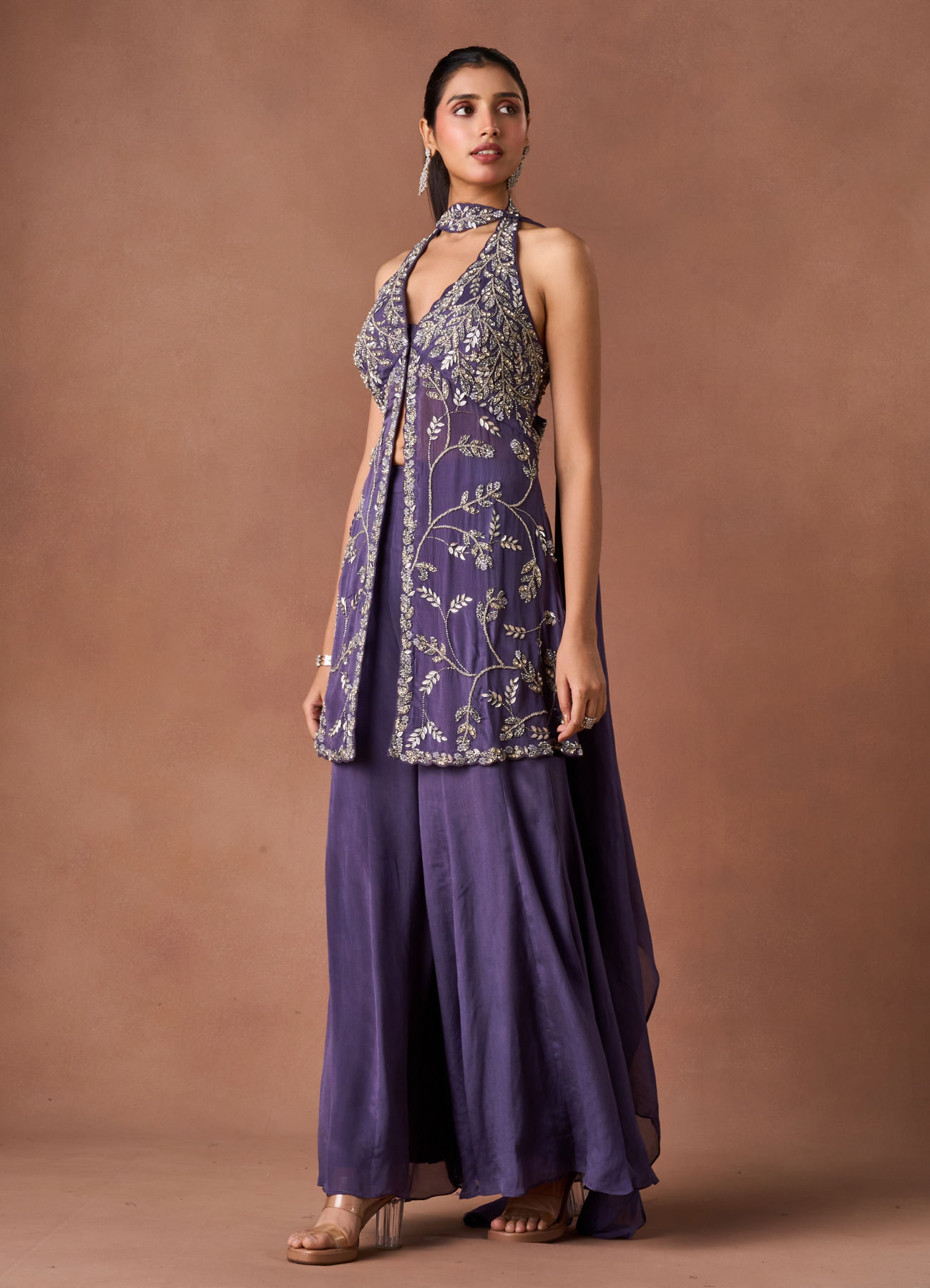 Twamev Women Purple Chiffon Stitched Suit