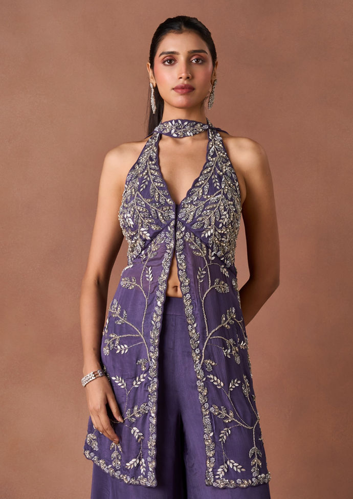 Twamev Women Purple Chiffon Stitched Suit
