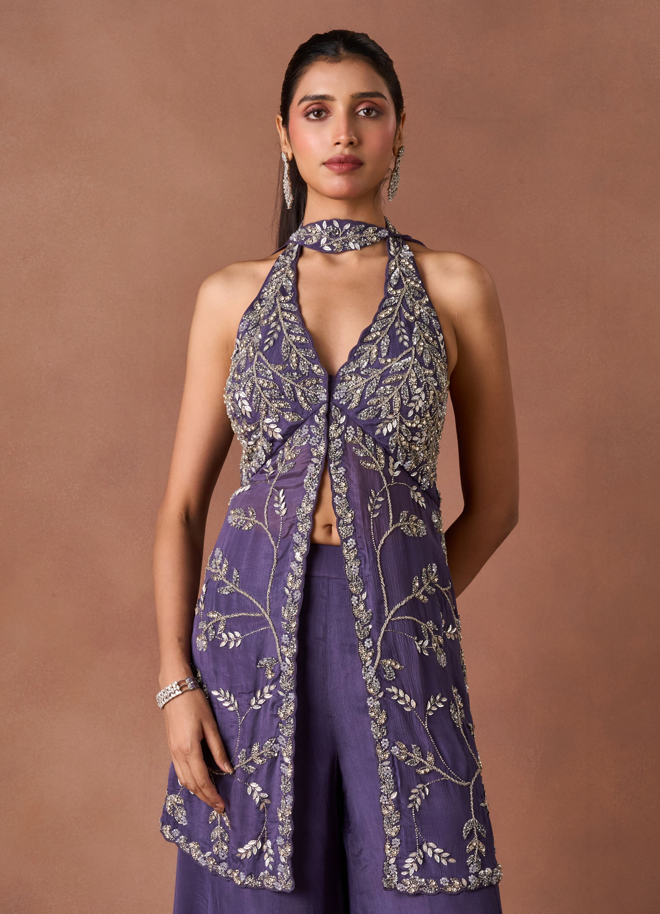 Twamev Women Purple Chiffon Stitched Suit