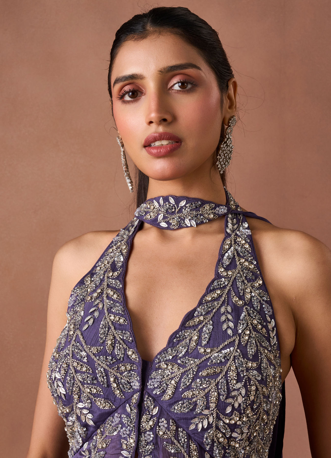 Twamev Women Purple Chiffon Stitched Suit