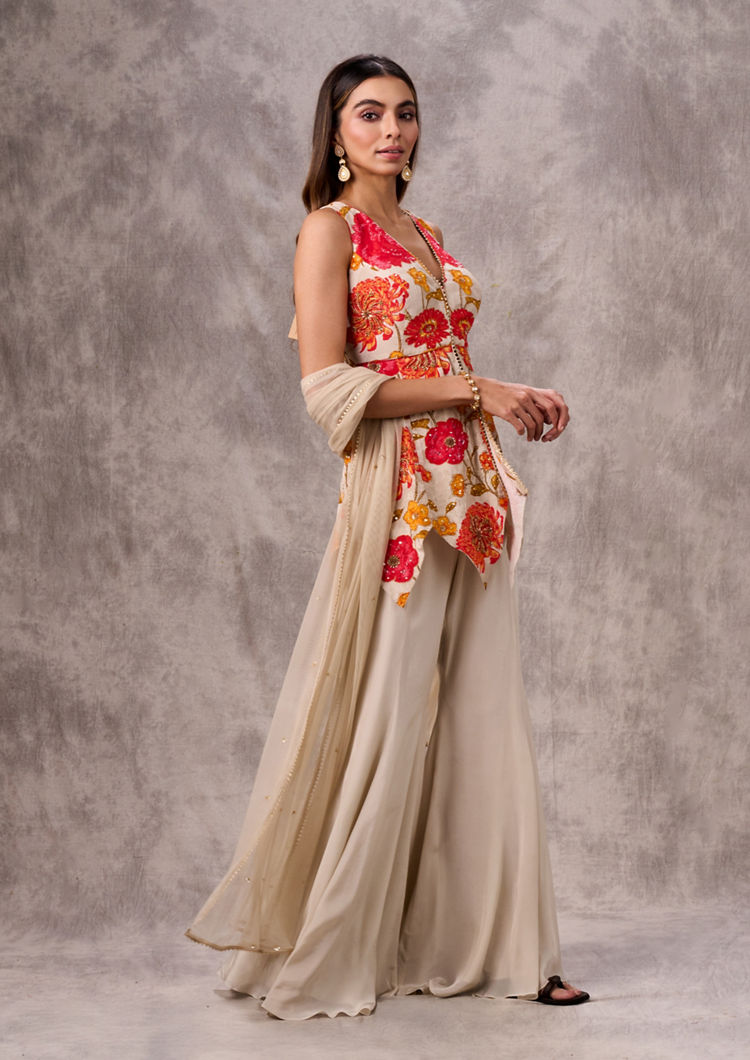 Twamev Women Creamy Elegance Satin Stitched Suit