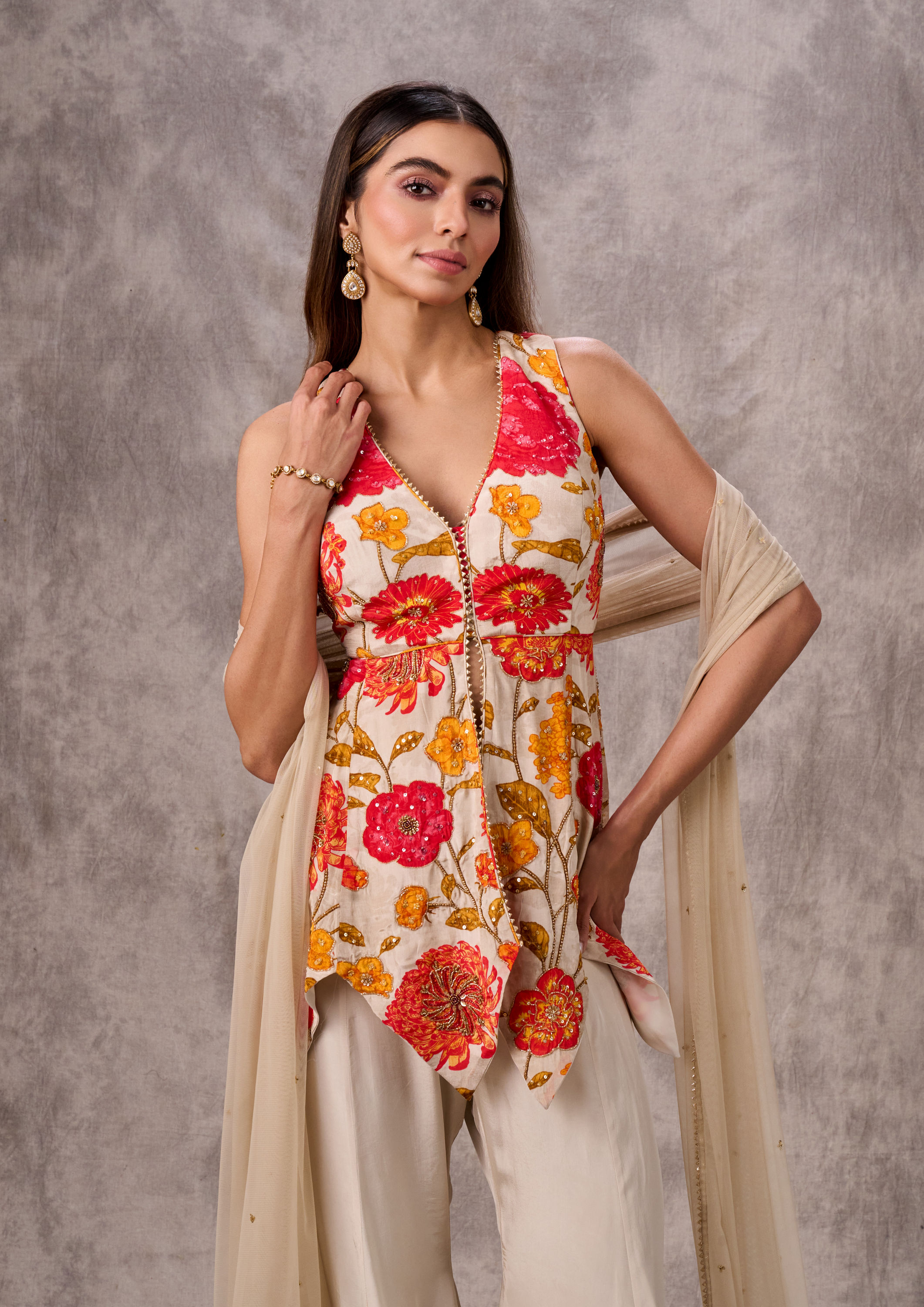 Twamev Women Creamy Elegance Satin Stitched Suit