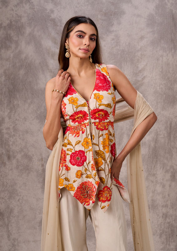 Twamev Women Creamy Elegance Satin Stitched Suit