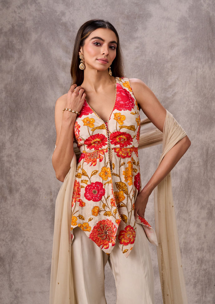 Twamev Women Creamy Elegance Satin Stitched Suit