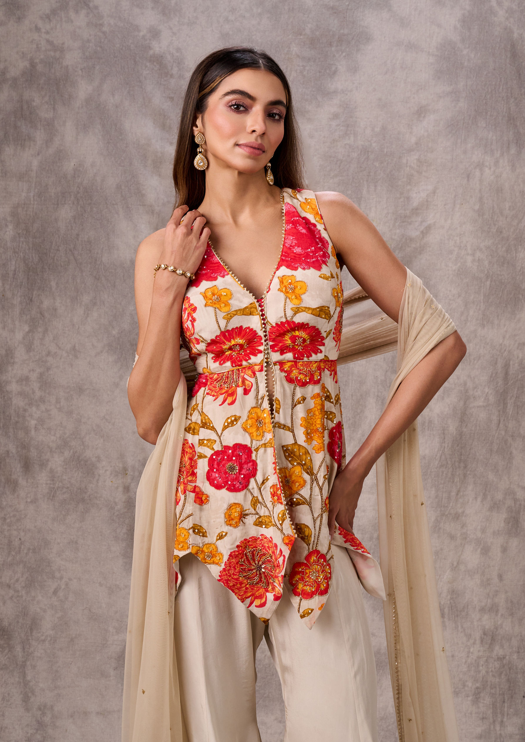 Twamev Women Creamy Elegance Satin Stitched Suit