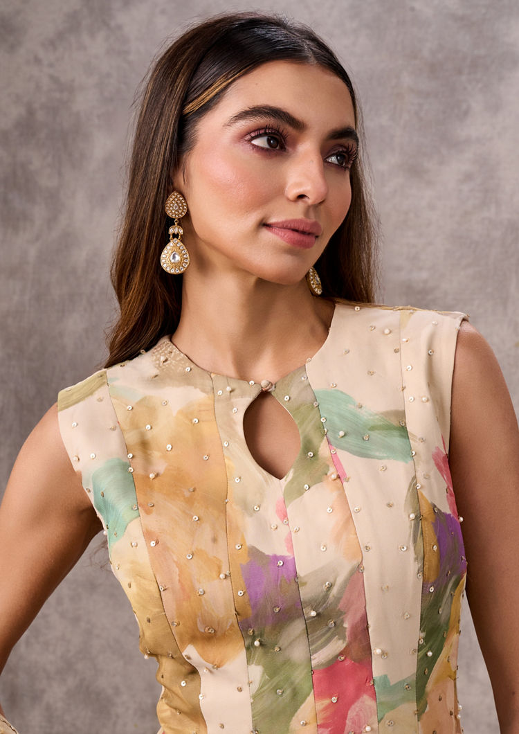 Twamev Women Cream Georgette Watercolour Printed Peplum Dhoti Suit