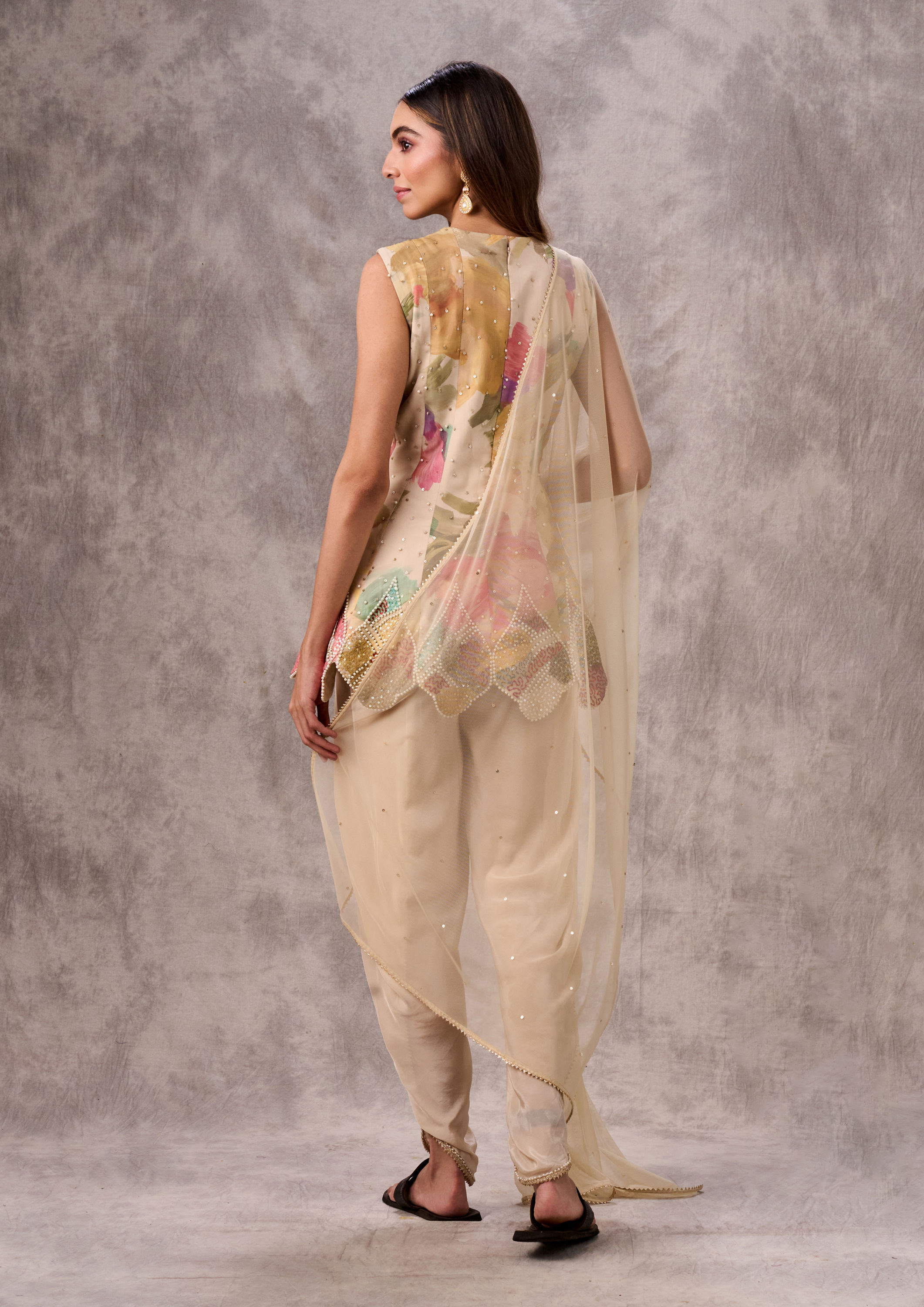Twamev Women Cream Georgette Watercolour Printed Peplum Dhoti Suit