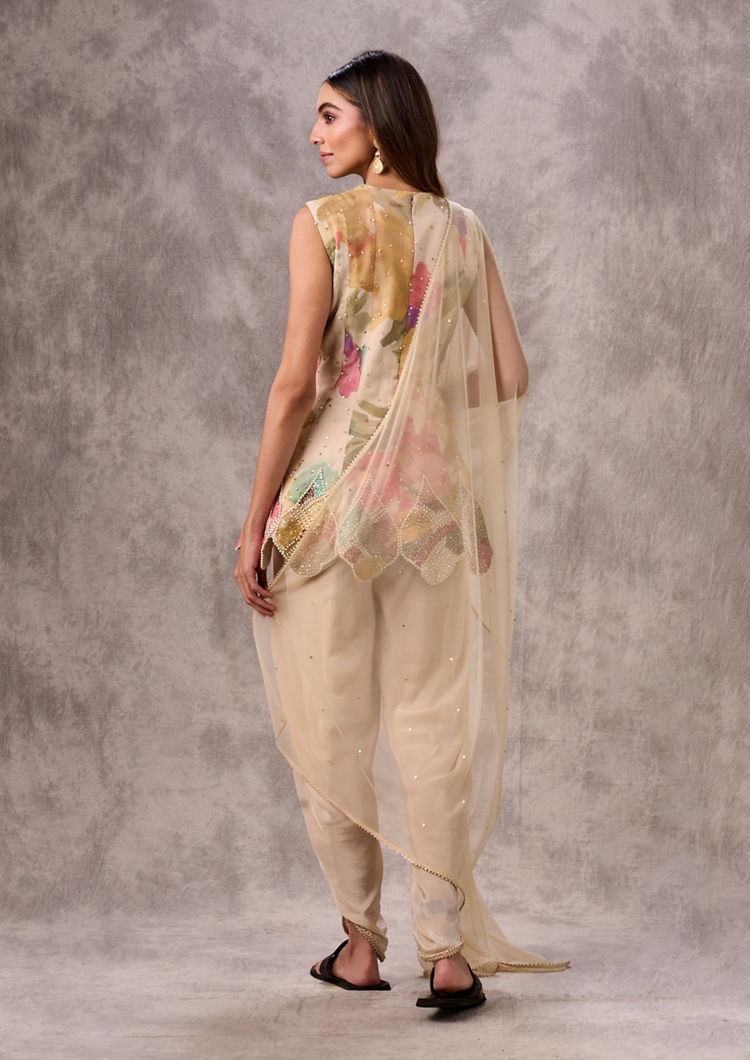 Twamev Women Cream Georgette Watercolour Printed Peplum Dhoti Suit
