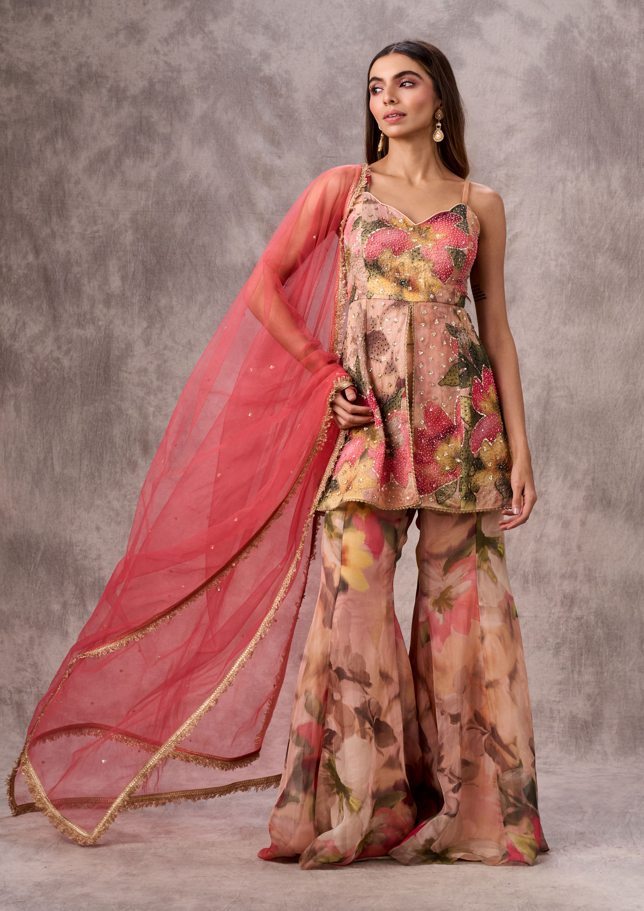 Twamev Women Peach Organza Floral Printed Embellished Peplum Sharara Suit